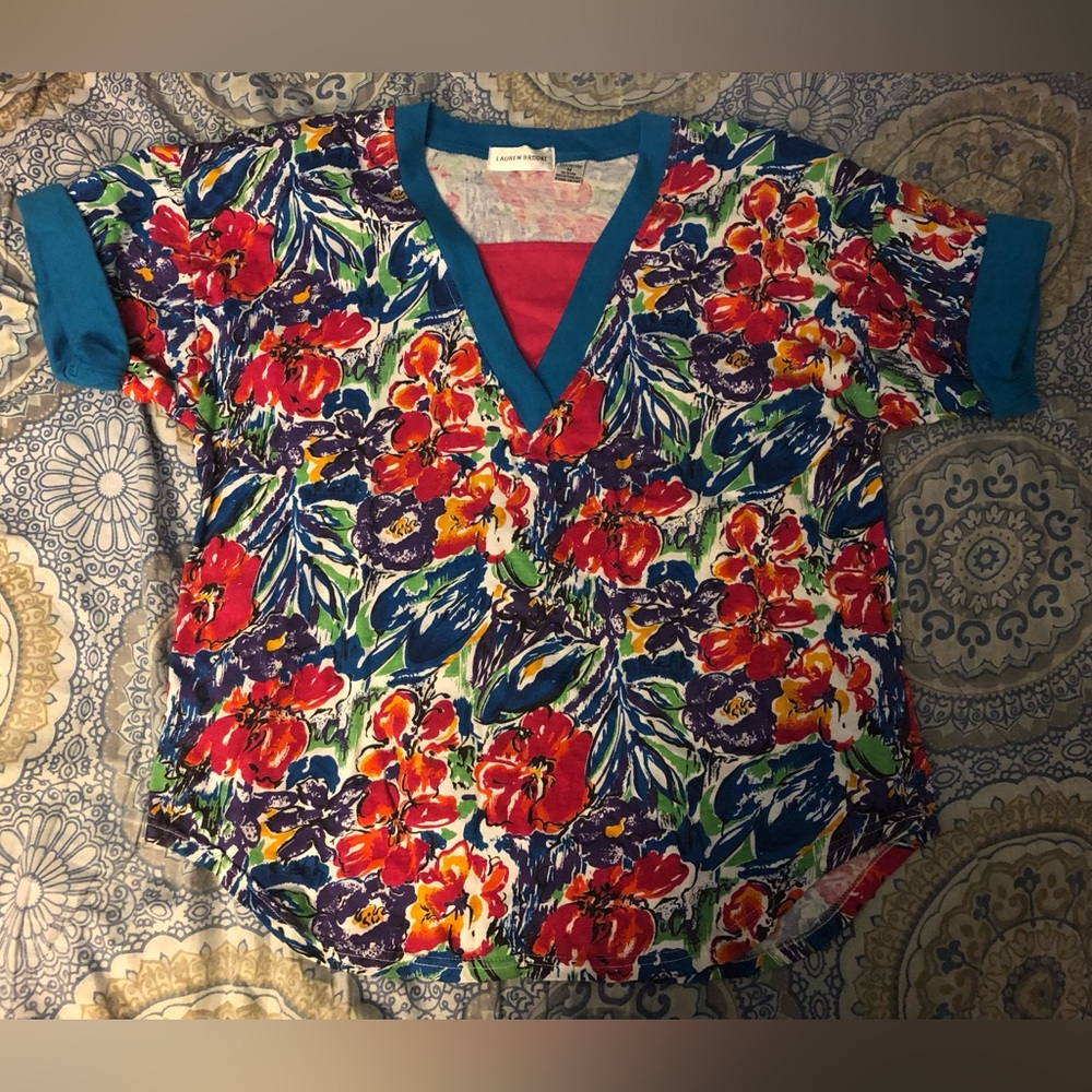 Vintage Lauren Brooke Colorful Dramatic Floral Shirt w/ Shoulder Pads Size M